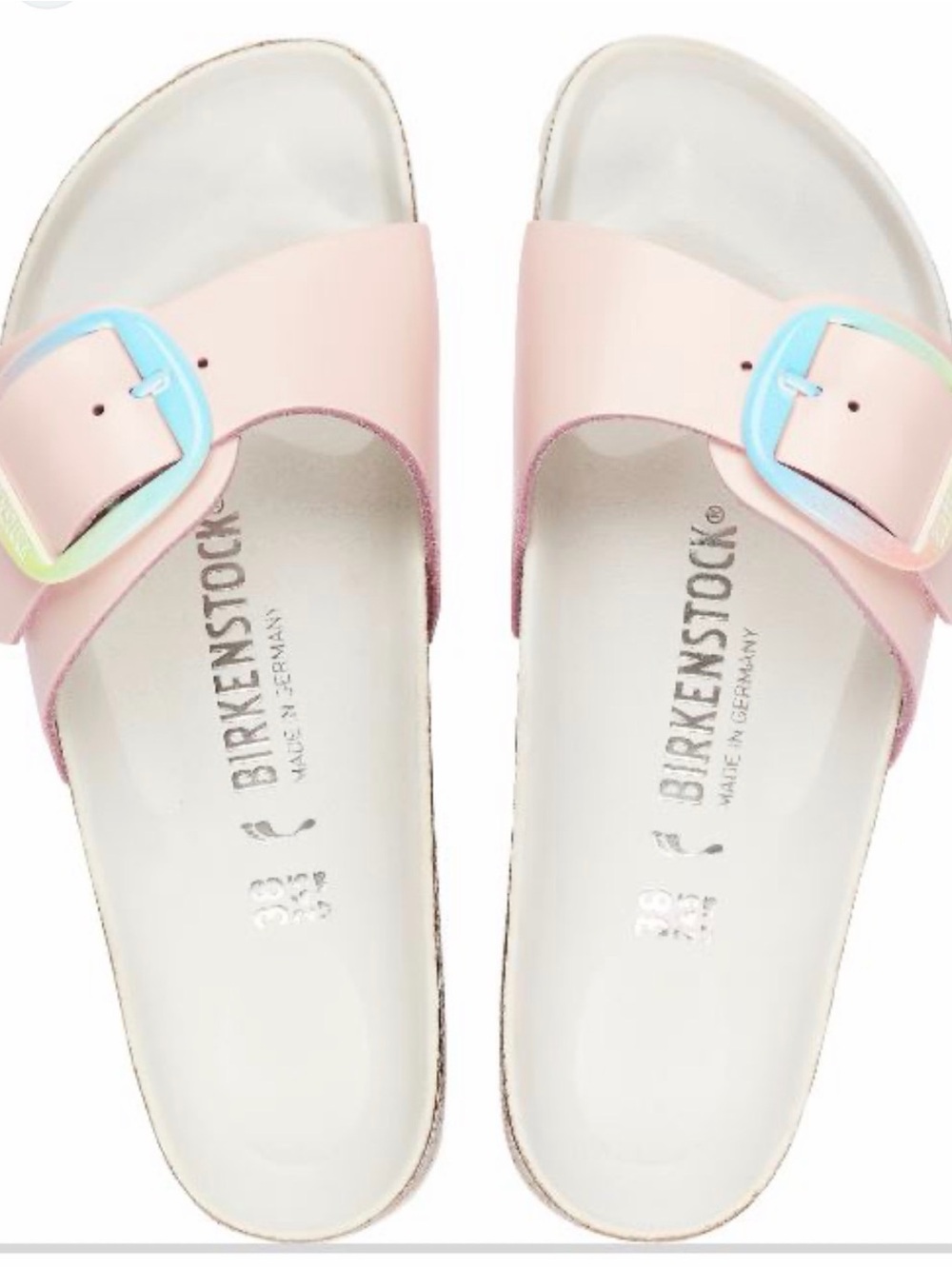 Birkenstock Madrid Slide Sandals in Light Pink with Rainbow Buckles 40